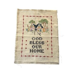 Vogary USA Made Vintage Embroidery Wall Hanging God Bless Our Home 14” x 11”